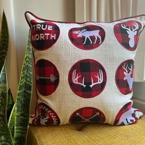 Embroidered Buffalo Plaid Rustic Farmhouse Holiday Throw Pillow Cover